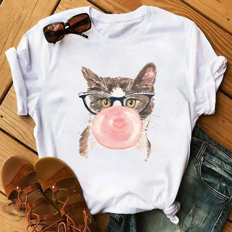 Cute Cartoon Cat Print T shirt Women Spring Summer Short Sleeve Round Neck T-shirt Woman Casual Slim Fit T shirts Women
