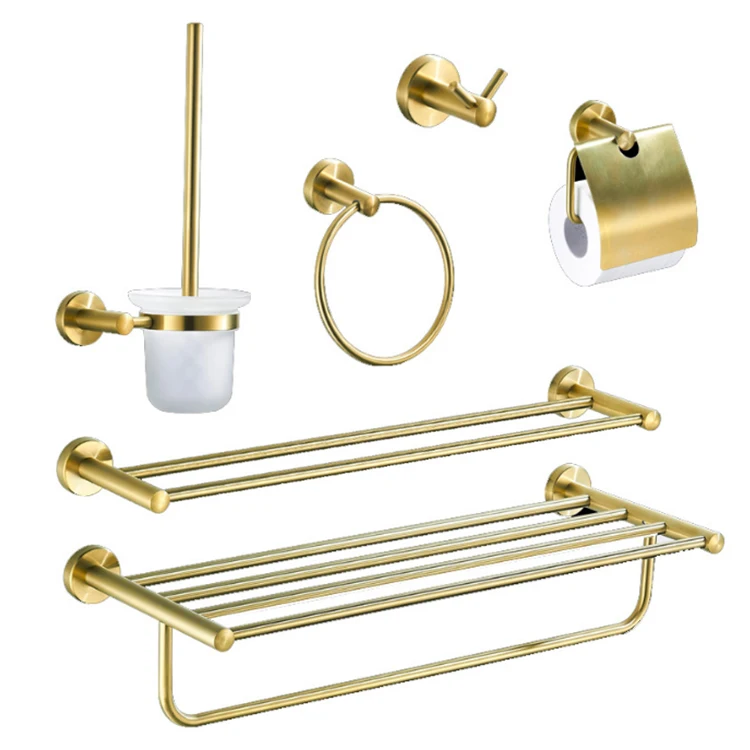6 piece Luxury Brushed gold Stainless steel Bathroom accessories Wall mounted accessory Set