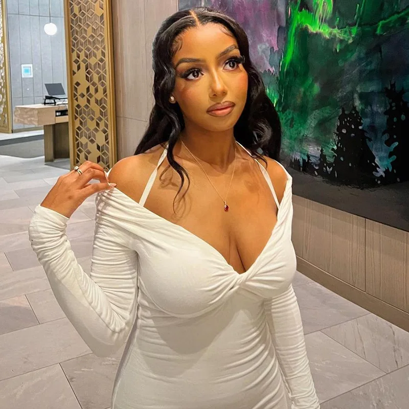 Fashionable Wedding Elegant Women Solid Color Bodycon One Shoulder Dress