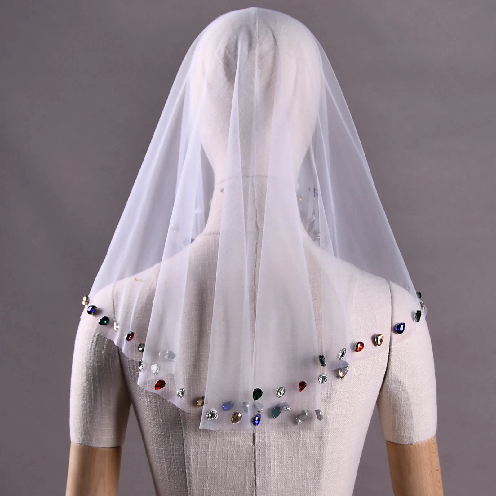 LUOXIN Sparking Colored Stone Wedding Veil Short Bridal Detachable Blusher Veil Cover Face Bridal Veil