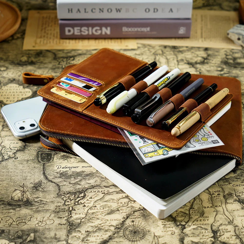 Large Capacity Crazy Horse Leather Pen Case Zippered Pencil Pouch Handmade Cow Leather Pen Bag For Student