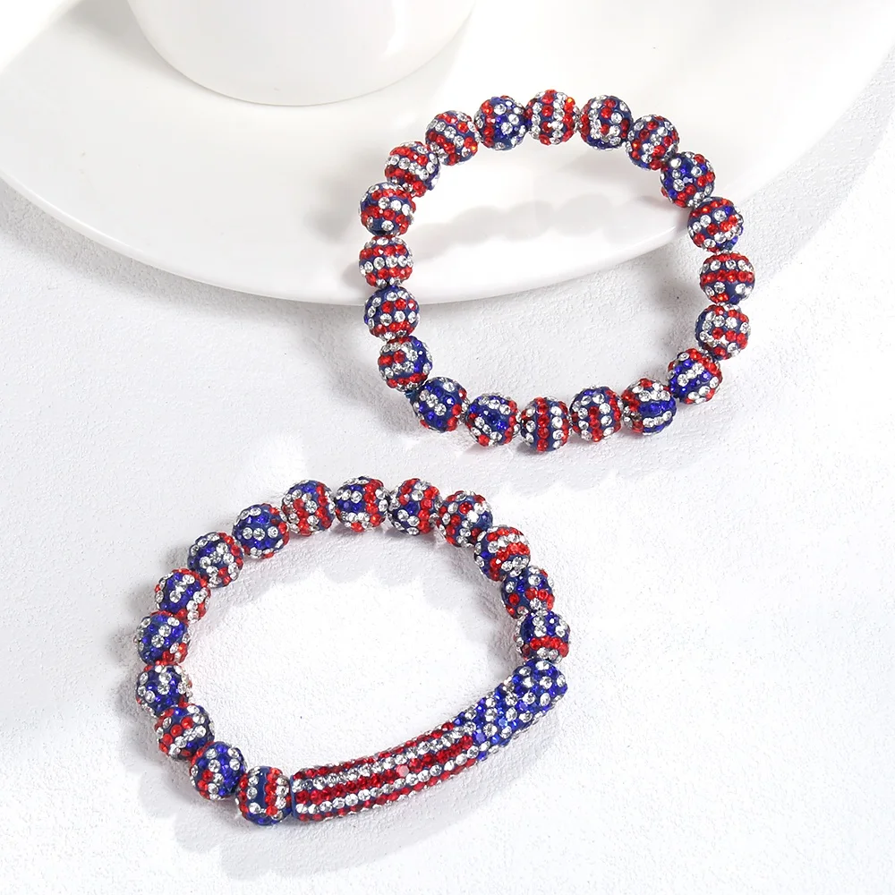 New Fashion 10mm Shiny American Flag Rhinestone Soft Clay Ball Elastic 2pcs Bracelet Set American Independence Day Jewelry