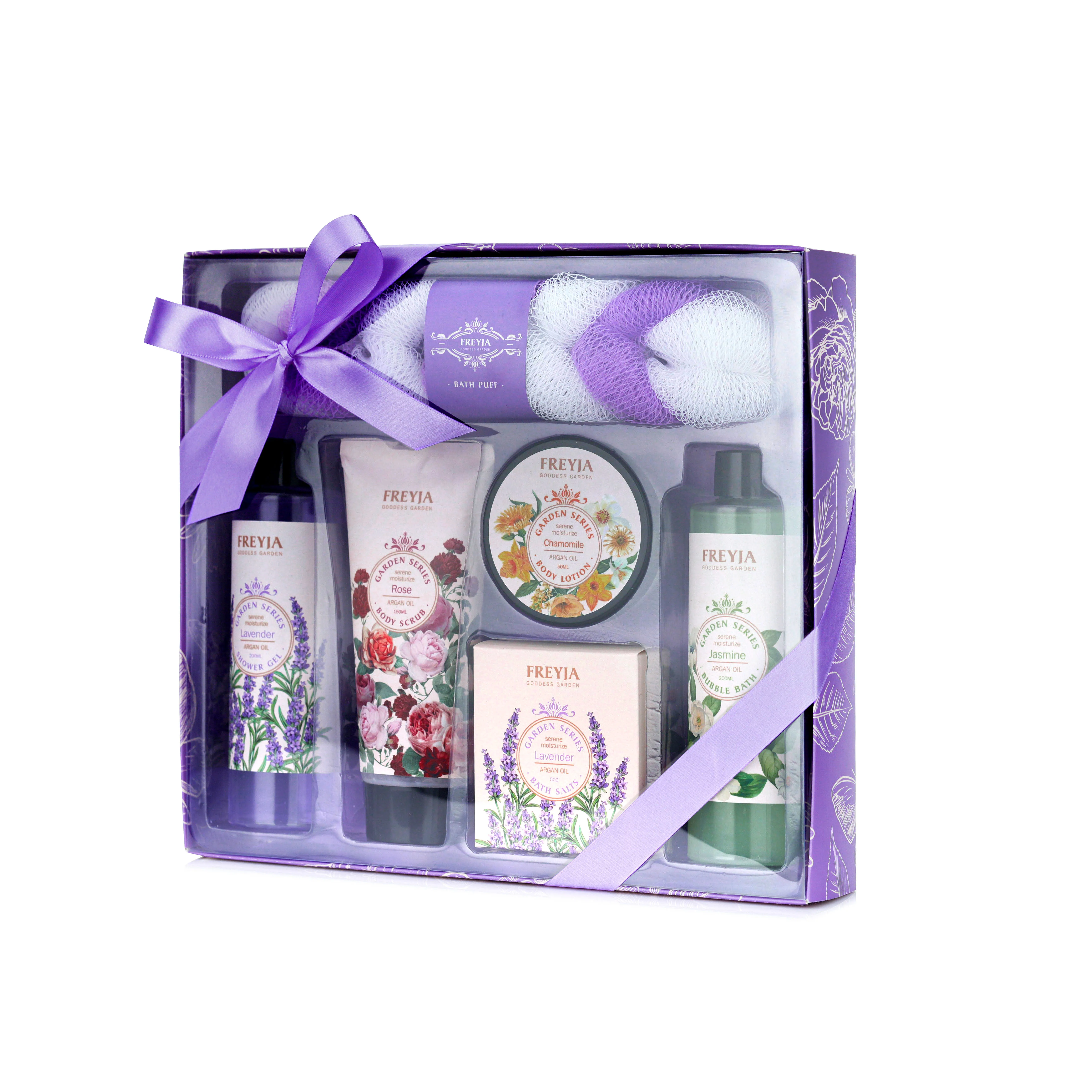Wholesale lavender design 200ml shower gel bubble bath 150ml body scrub 50ml body lotion 50g bath salt spa gift set
