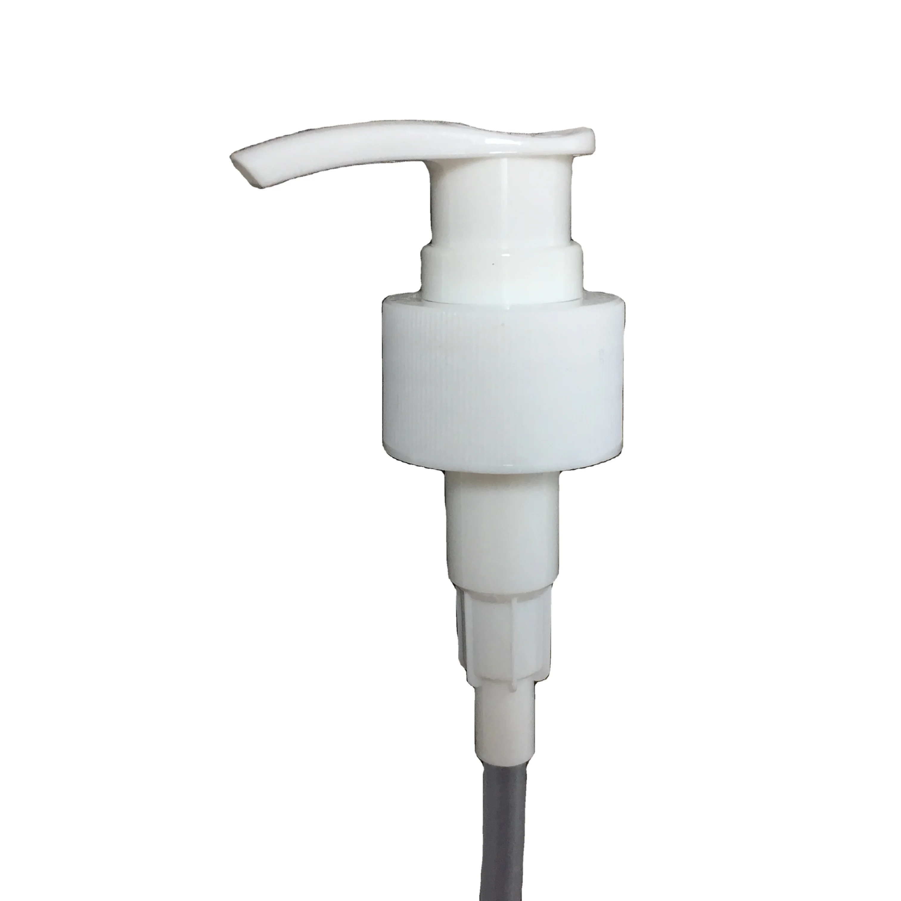 White PP 28-410 ribbed skirt down-lock saddle head dispensing pump with 8.75 inch dip tube (2 cc output)