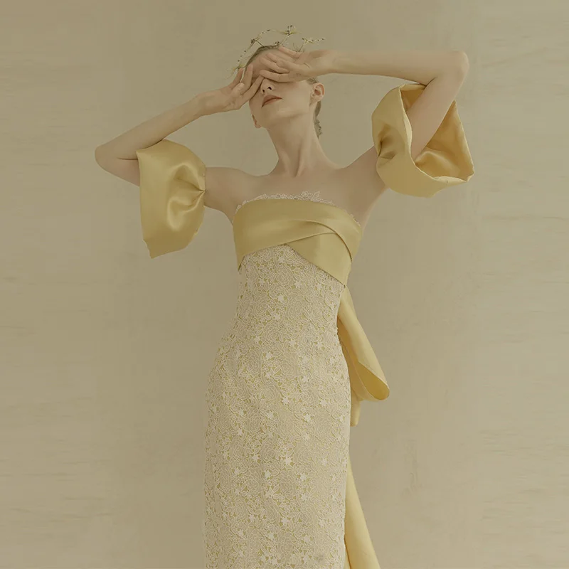 QUEENS GOWN Candy yellow off-shoulder high quality embroidery lace puff sleeve bow ribbon simple elegant princess prom