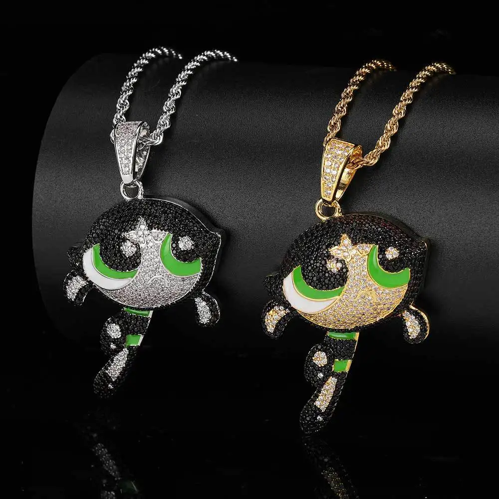Хип-хоп мультяшный аниме красочный Циркон Powerpuff девушки Лютик кулон роскошный Шарм ожерелье для женщин