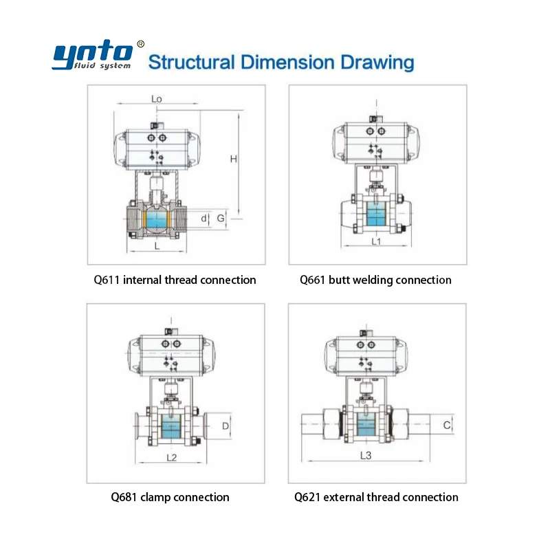 YNTO Custom 2 Way 2inch 3 Piece industrial ball Valve 304 316 Stainless Steel Water Flow Control  3pc Pneumatic Ball Valve