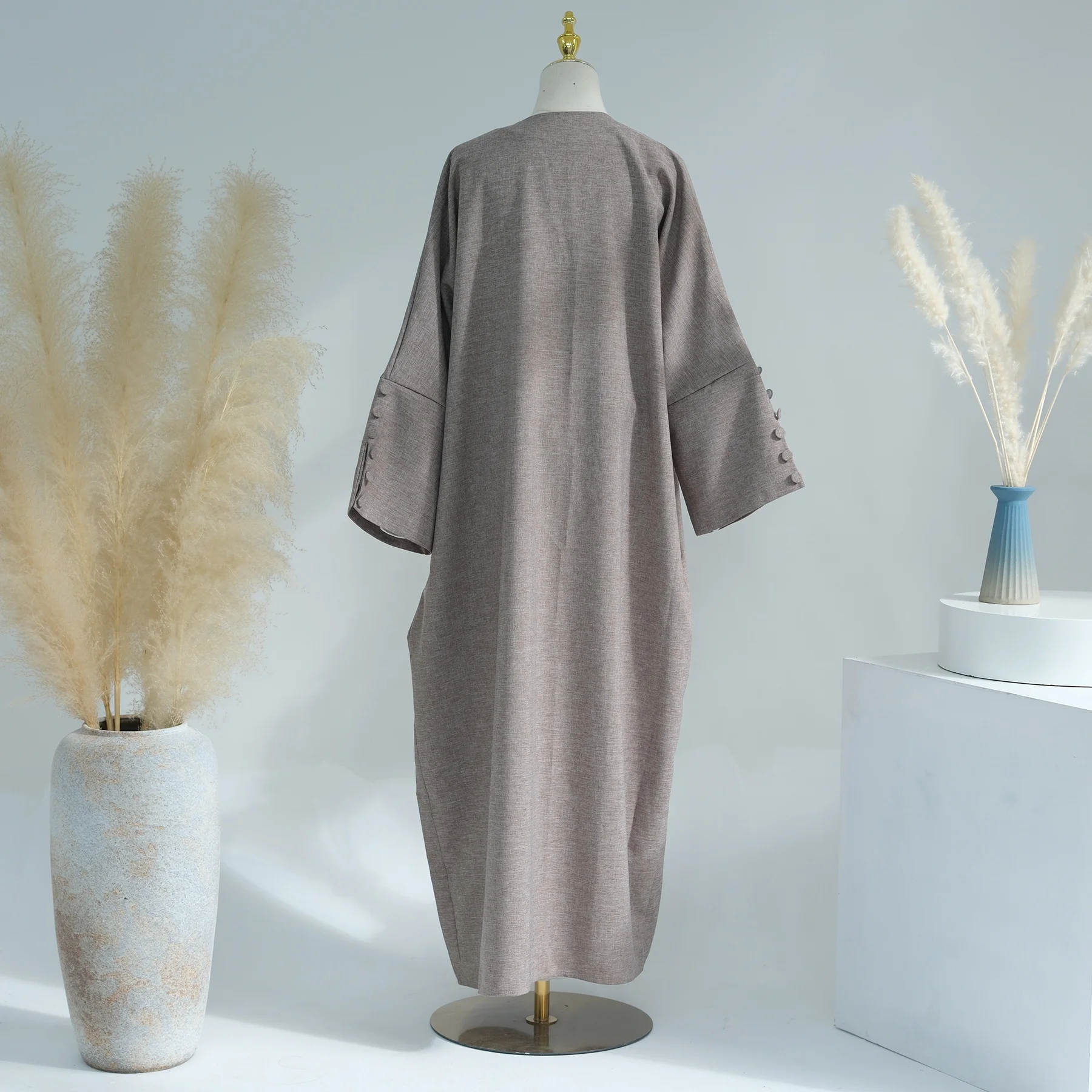 2024 Loriya EID Ramadan Linen Kimono Abaya with Buttons and Slit Sleeves Solid Color Islamic Clothing Women Abaya