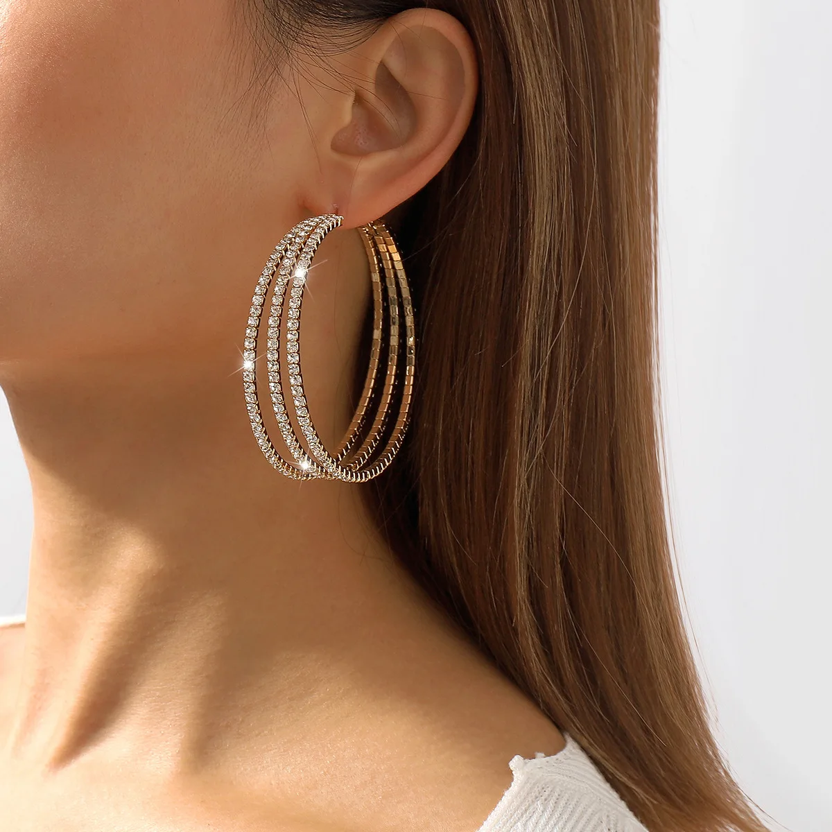 Party Gold Earings Luxury  Classic Jewelry Full Rhinestone Crystal  Big Hoop Earring Shiny Circle Round Hoop Earrings Women
