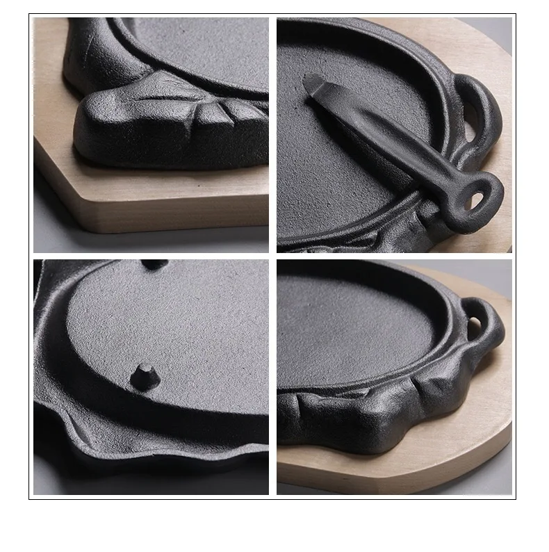 Cast Iron Steak Plate Sizzle with Wooden Tray Griddle Fajita Server