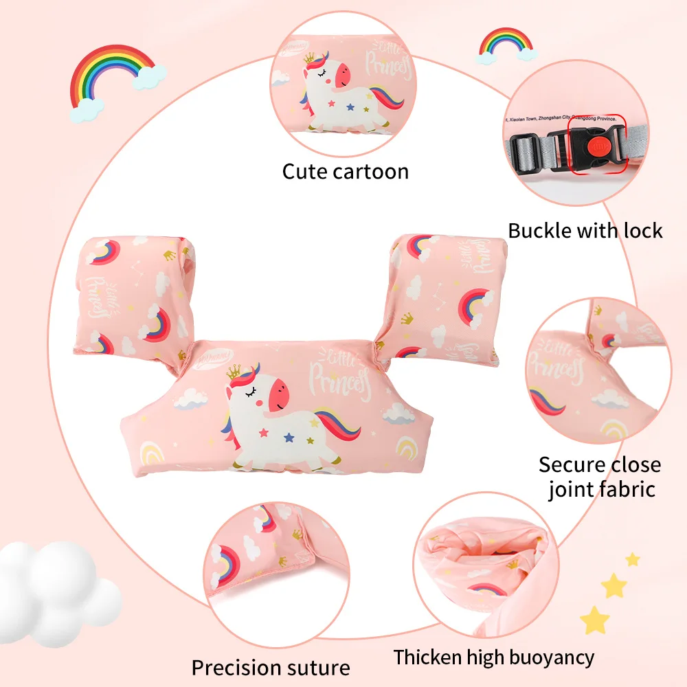 Thicken High Buoyancy Adjustable Belt Kids Slide Switch Button Non-inflatbale Arm Ring Life Vest Swim Jacket For Children Summer