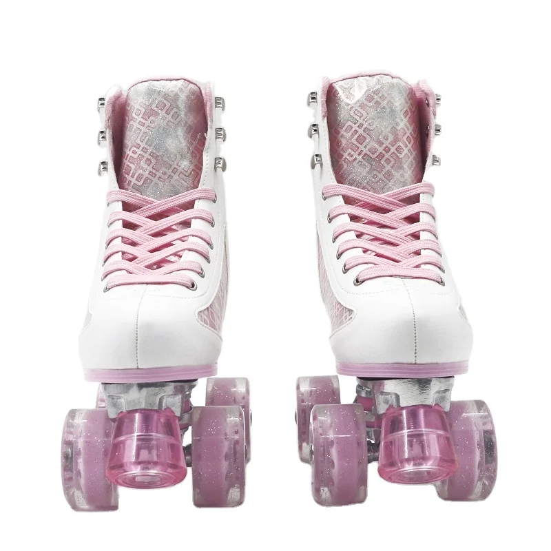 The Rental Quad Roller Skates Brake Head Wholesale Price Four PU Wheels Pink Leather Roller Skate Shoes for Adult