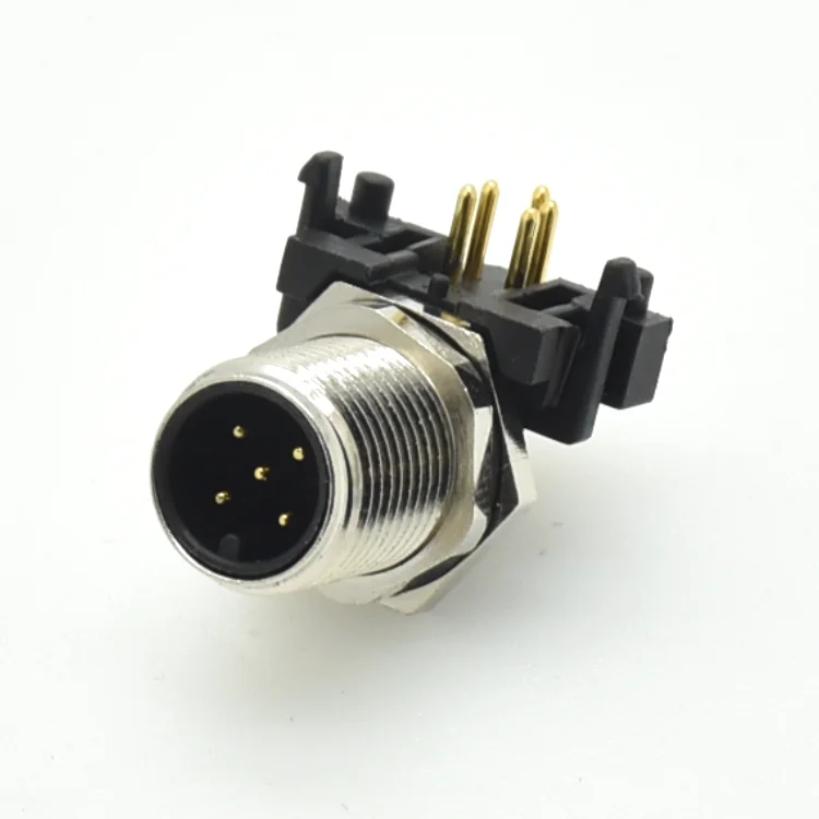 Industrial PCB Contact Male M12 A Coded 5 Pin Screw Metal Connector Angled Socket