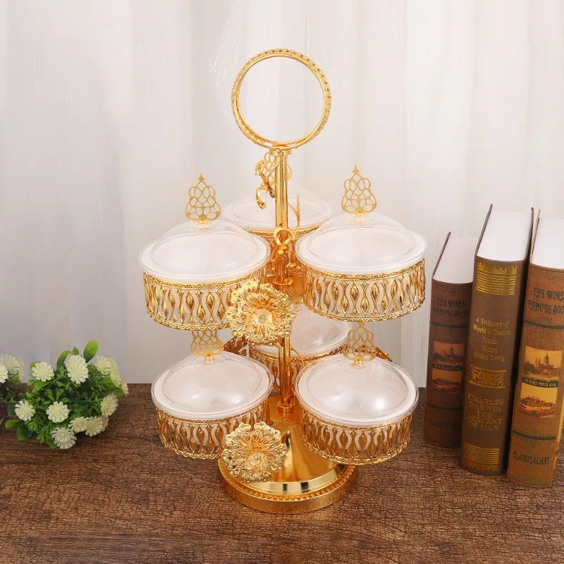 QIAN HU Arabic Luxury Decoration Gold Metal Plastic Snack Serving Tray Dry Fruit Plate with Handle