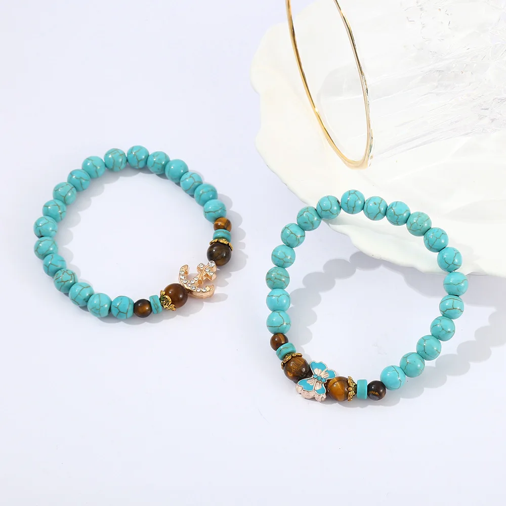 8mm Turquoise Beaded Bracelet With Cross Fatima Hand Hamsa Evil Eye Butterfly Pendant Tiger Eye Bracelet