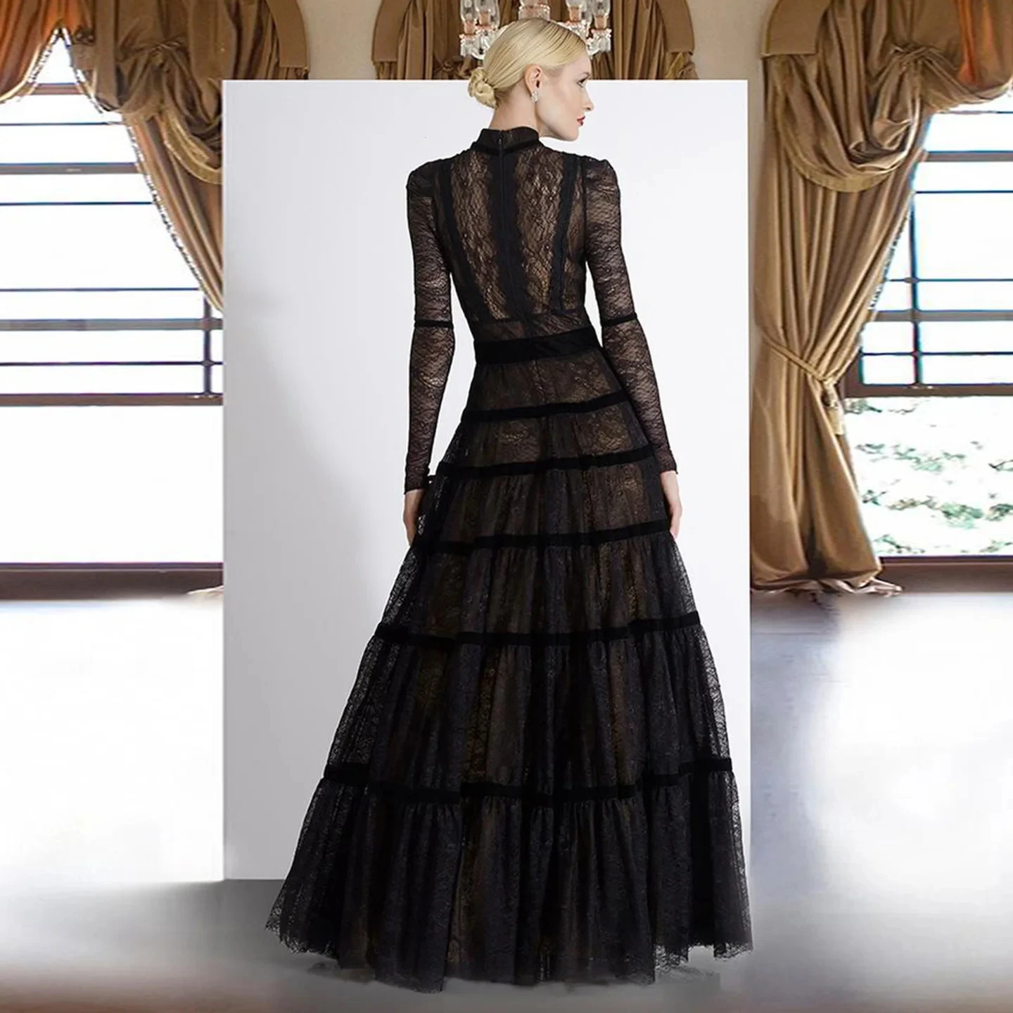 Elegant Black Lace A-Line Evening Dress 2024 Dubai Luxury Tiered Long Sleeves Muslim Women Formal Party Gowns Sf023