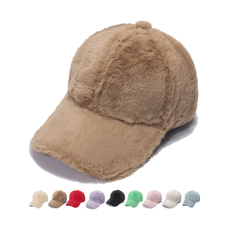 Fashion Outdoor Faux Fur Thickened Hat Curves Brim Adjustable Fluffy Classic Warm Wool Baseball Cap Hat