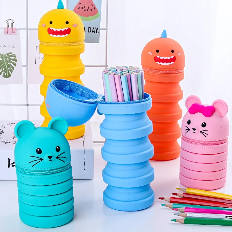 Cartoon Kawaii Stationary Retractable Stand Up Telescopic Silicone Pencil Case