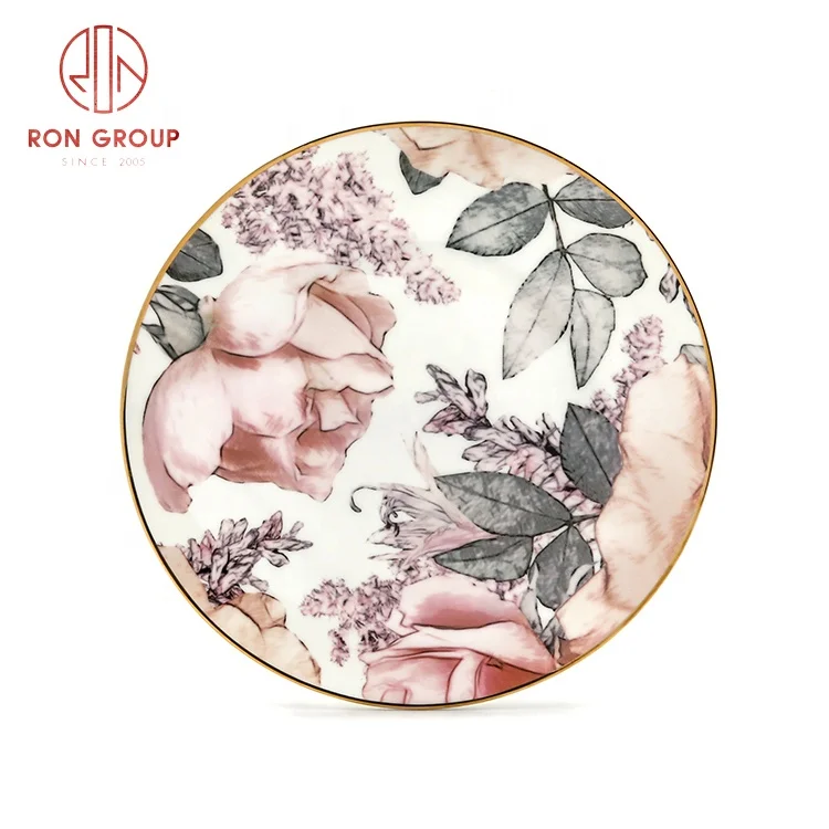 wholesale customized hand painted bone china luxury dish set plate pink floral steak cake dessert tableware dinner plates