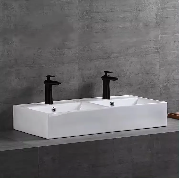 Modern Rectangular White Ceramic Double Bowls Countertop Vanities Lavabos Bathroom Art Wash Basin Sink