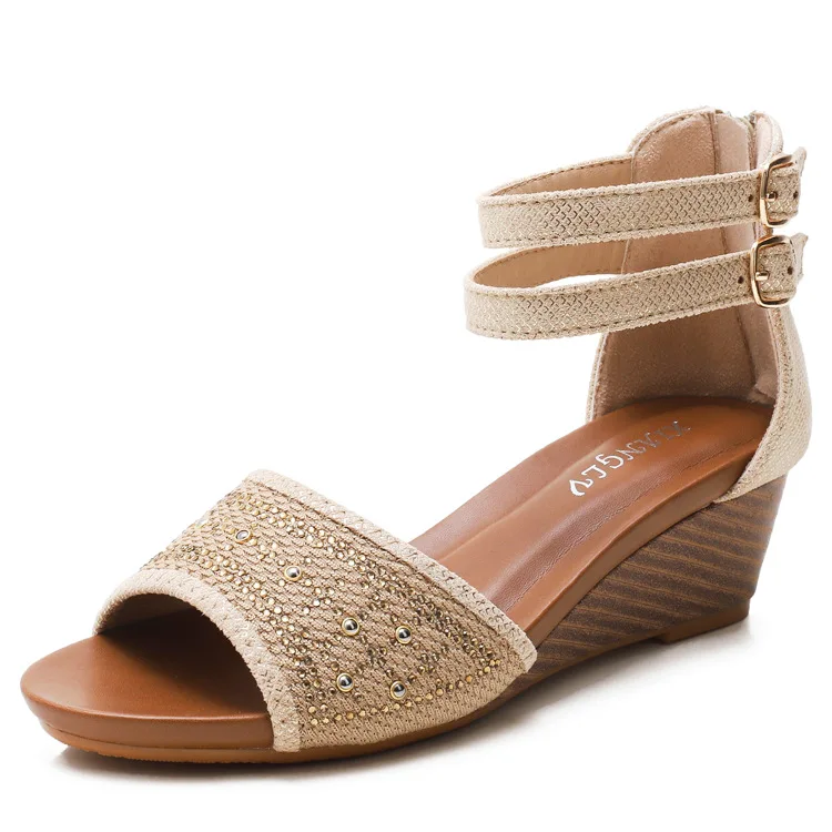 1W0008 High quality high wedge heel women sandals diamond Bohemian webbing belt fashion casual sandals for women and ladies