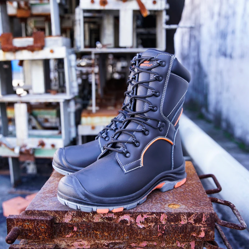 Heavy-Duty Black Waterproof Rubber Soles industrial safety Leather hiking Work Boots