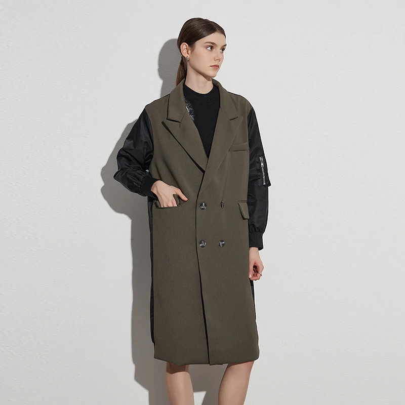 TWOTWINSTYLE Vintage Trench Coat Patchwork Hit Color Notched Collar Double Breasted Jacket For Women