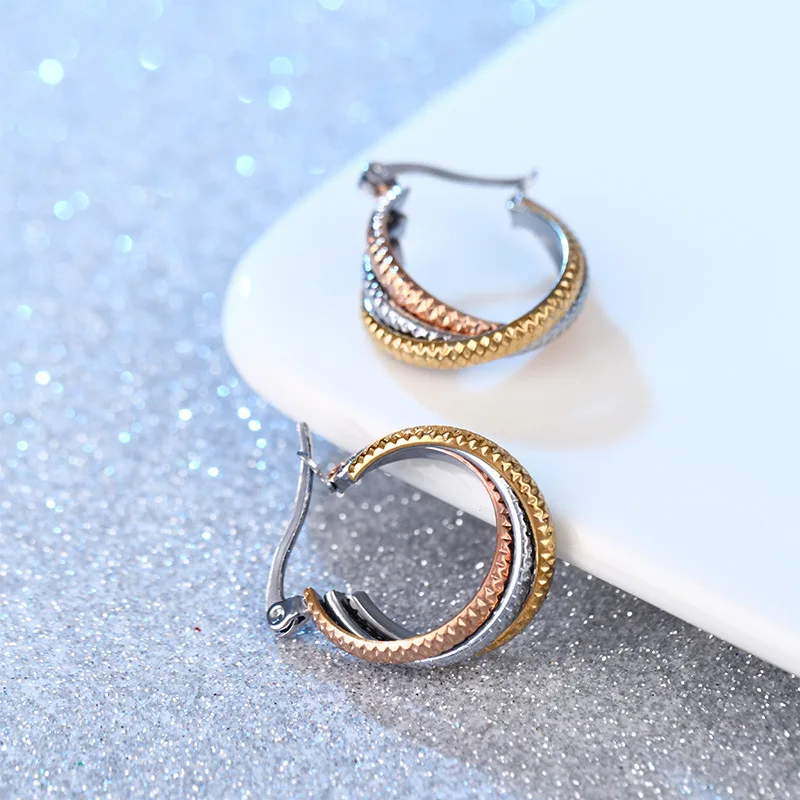 NUORO Minimalist 18K Rose Gold Silver Plated Stainless Steel Hoop Earrings Jewelry Triple Colors Joint Rings Ear Buckle Earrings