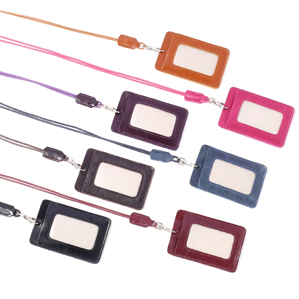 Fancy Colorful Wax Oil Leather Slim ID Window Working Card Holder With Lanyard