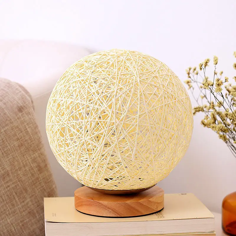 French Rattan Table Lamp Shade Night Light Creative Wood Base Led Rattan Ball Table Lamp