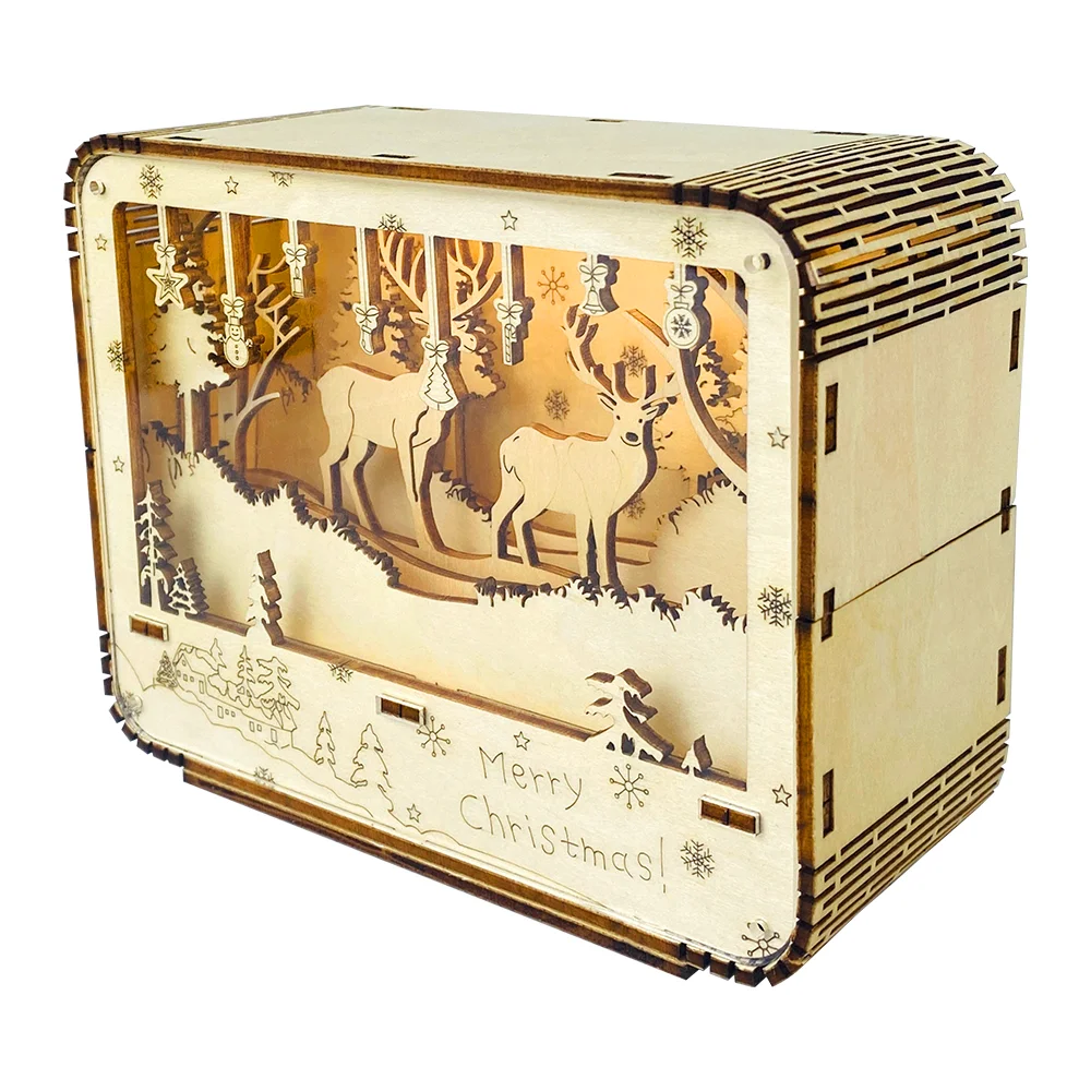 Creative Design Glow Toys Christmas Decorations Deer Rudolph DIY Luminous Box Kids Assembled Kits Wooden 3D Puzzles Gift