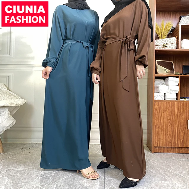 6673# New Simple Elegant Solid Color Ladies Dresses Nida Fabric Dubai Women Muslim Dress Worldwide Shipping Wholesale Clothing