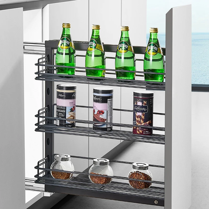 Kitchen Cabinet Room Floor Cabinet Storage Seasoning Beer Drink Basket Linkage Mini Pull Basket Stainless Steel Pull Out Basket