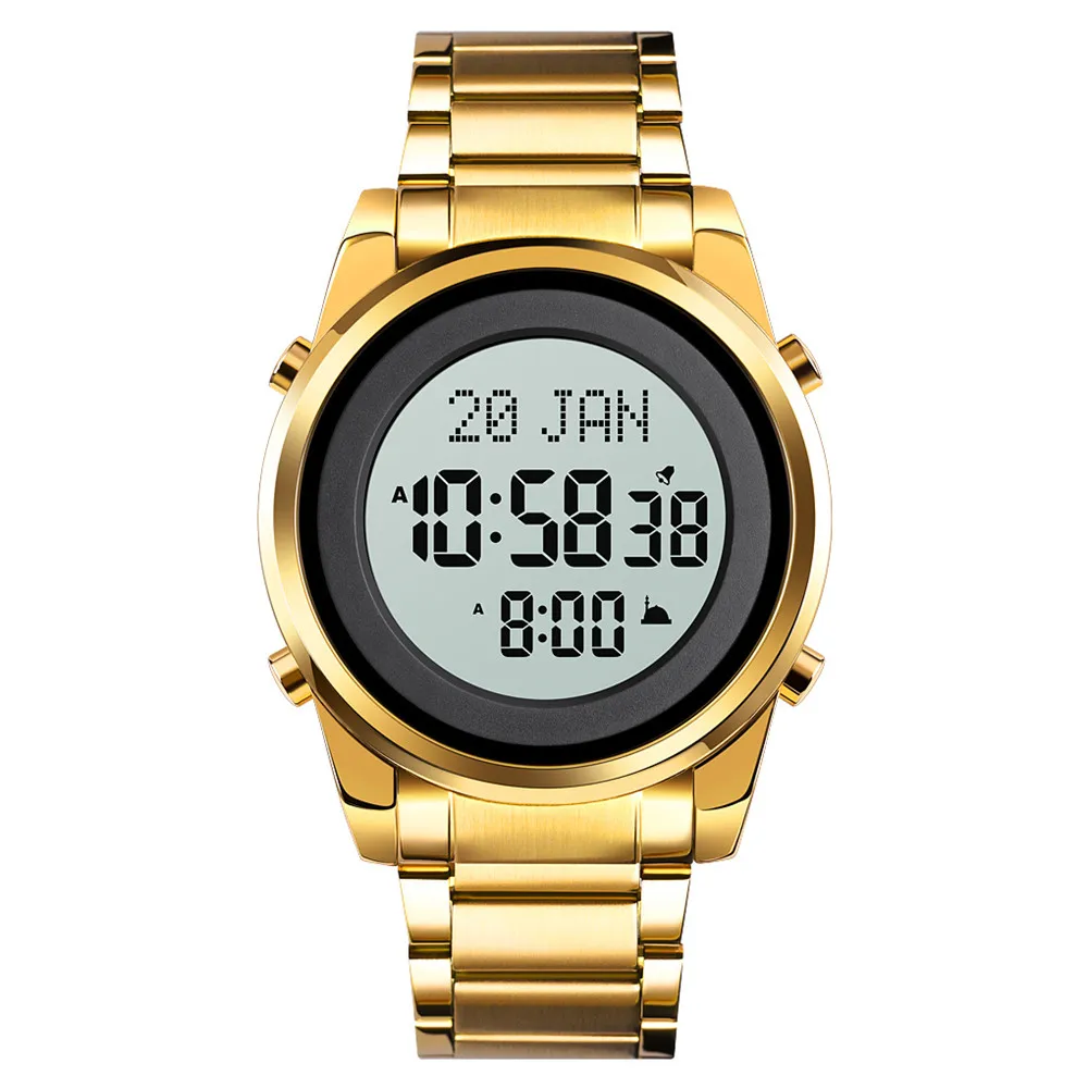 SKMEI 1734 Stainless Steel Prayer Azan Wrist Watch Arabic Islamic Muslim Direction Qibla Watch
