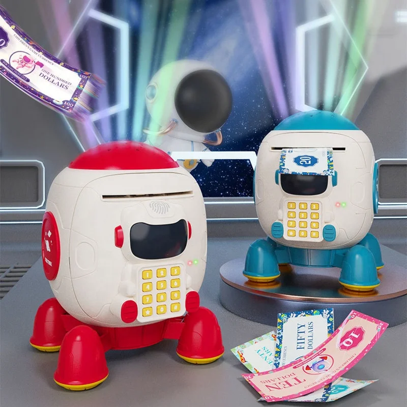 New kids saving money pretend play mini rocket piggy bank toy children fingerprint unlock projection money bank with music story