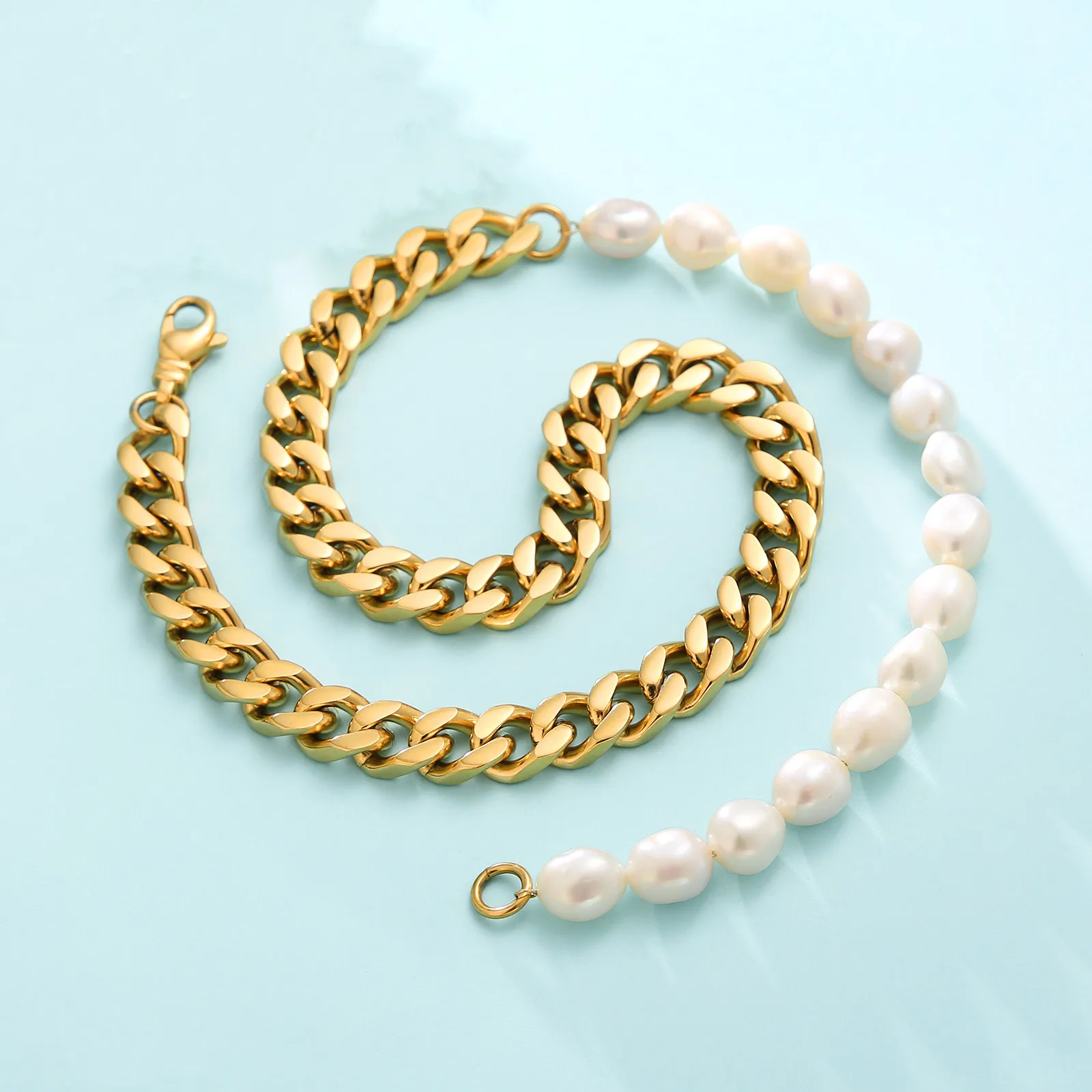 10mm Cuban Chain & Pearl Men Women Necklaces Gold Plated Wholesale Brass Fashion Jewelry