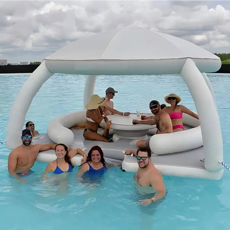 Popular Leisure water floating island with tent Inflatable water game floating party