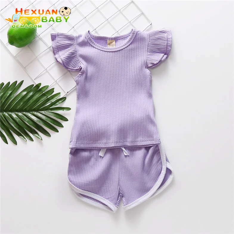  RTS solid color summer children boutique clothing sets flutter ruffle sleeve short girl