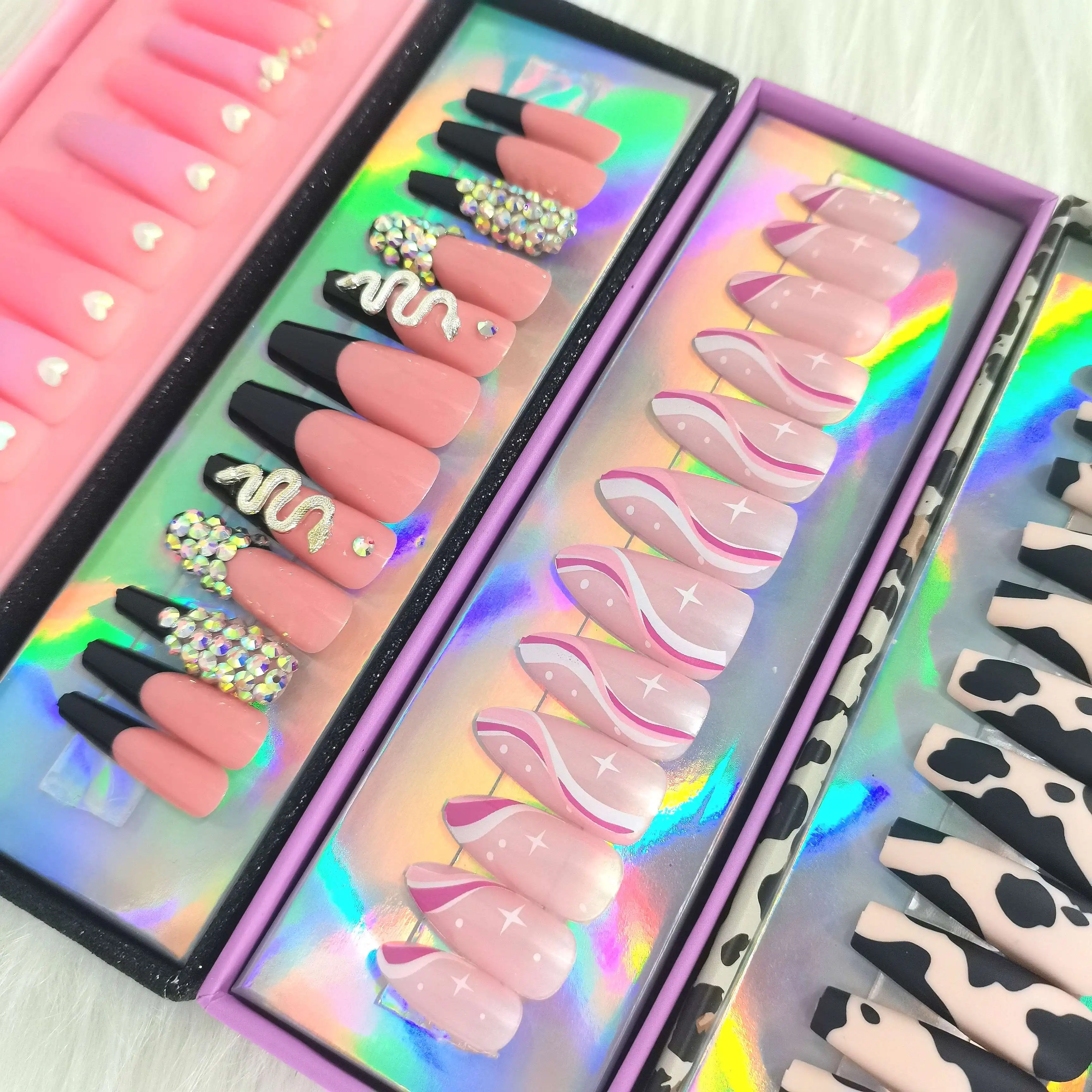 INS Hot Wholesale Rhinestones ABS Acrylic Artificial Fingernails Custom Private Label Packaging Box Long Press On Nails Vendors