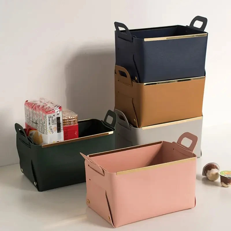 RTS PU Leather Desk Storage Basket With Handles Foldable Large Capacity Metal Edge Basket Portable Home Rectangle Organizer