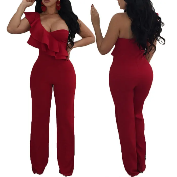 
Female Ruffles Elastic Jumpsuits Plus Size Overalls Summer Sexy Casual One Shoulder Long Playsuits 