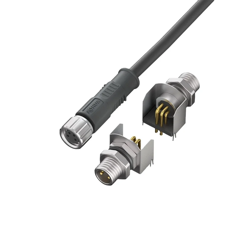 AOHUA 4PIN PCB Soldering Metal Connector M08 Male Panel Mounted to Female Straight/90 Degree Plug Molded PVC Cable