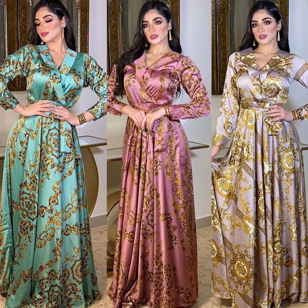 Abaya Women Muslim Dress Dubai 2024 New Design Long Sleeve Cross Printed V-neck Maxi Dress Islamic Clothing Women