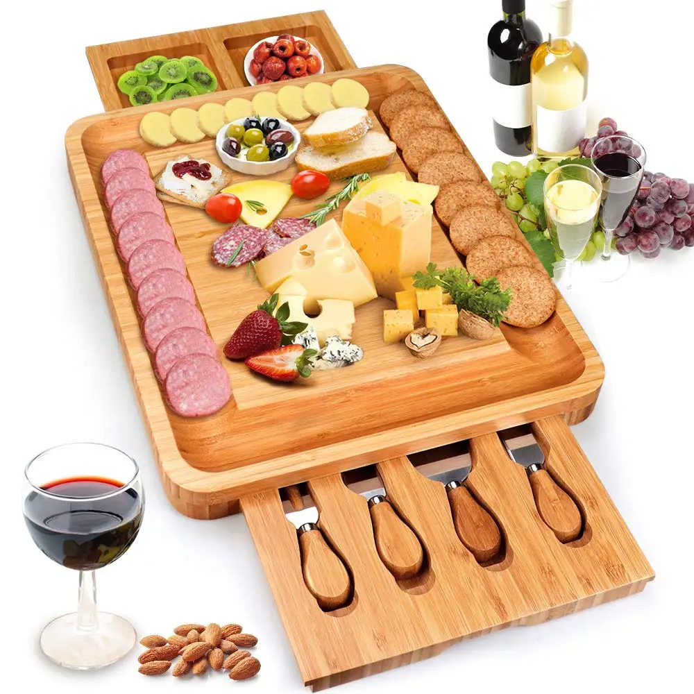 Bamboo Cheese Board Plate Board With Cheese Tools For Wine Cracker Brie and Meat