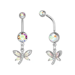 New Styles AB Color Little Dragonfly Pendant Belly Ring Wholesale Stainless Steel Belly Bars Body Piercing Women Jewelry
