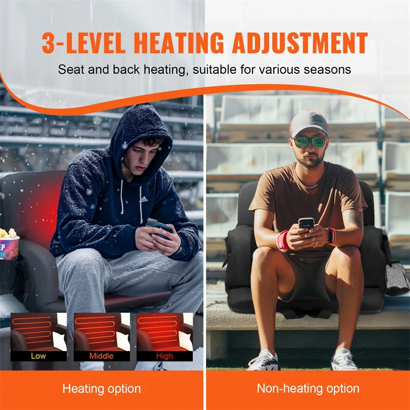 3 Level Heating Wide Portable Recliner Bleacher Chair Seat Thick Padded Cushion Armrests Dual Heated Back Support