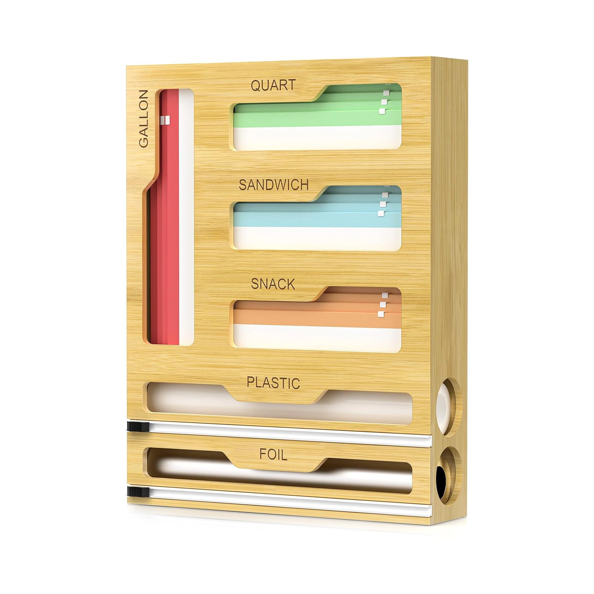 Bamboo Ziplock Bag Storage And Aluminum Foil Organizer Bamboo Plastic Wrap Dispenser With Sharp Cutting Blades