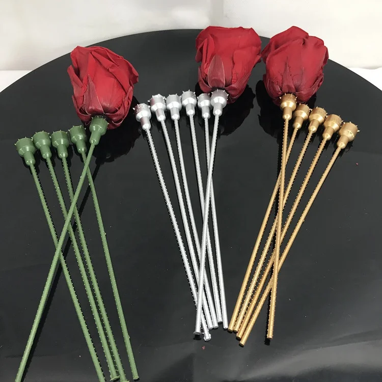 wholesale high quality golden silver artificial plastic rose stems for preserved rose flower head in acrylic box