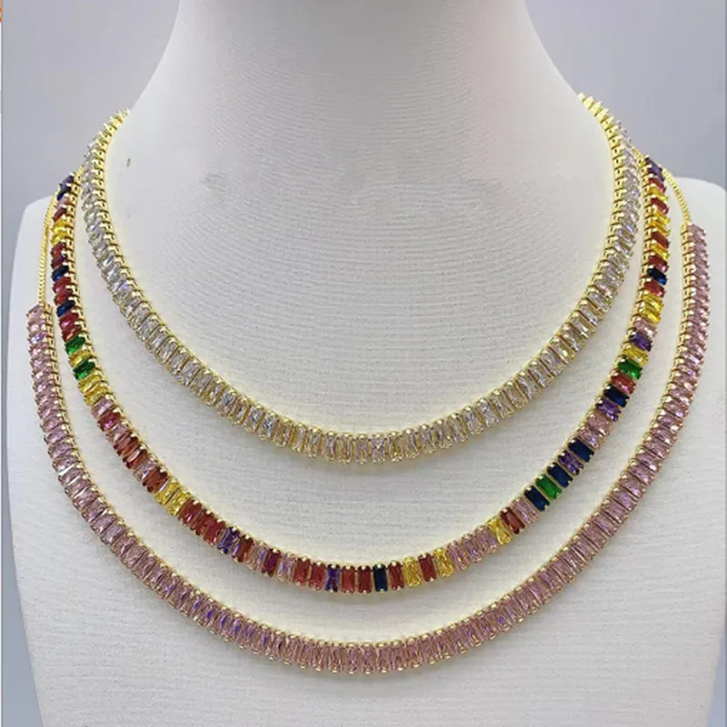 Red pink white enamel lovely heart charm rainbow cubic zirconia tennis chain choker trendy necklace fashion jewelry