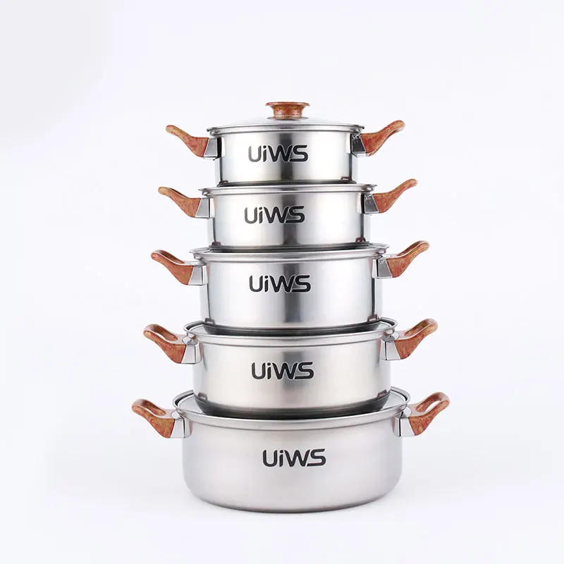 Household items stainless steel cooking pot set kitchen pots and pan set 10pcs cookware set with wooden handle